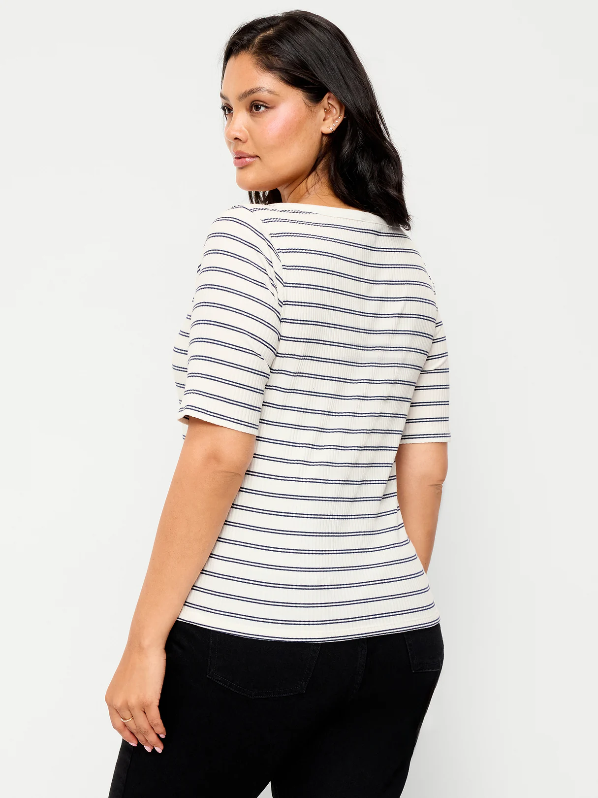 Scoop-Neck Fitted Henley Top - Navy Stripe