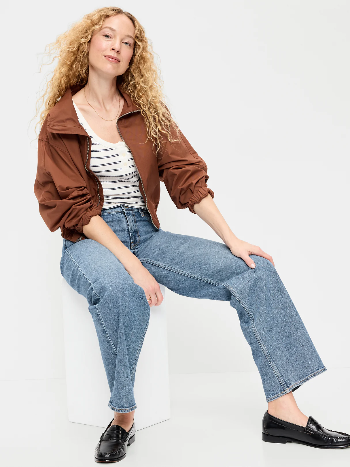 Scoop-Neck Fitted Henley Top - Navy Stripe
