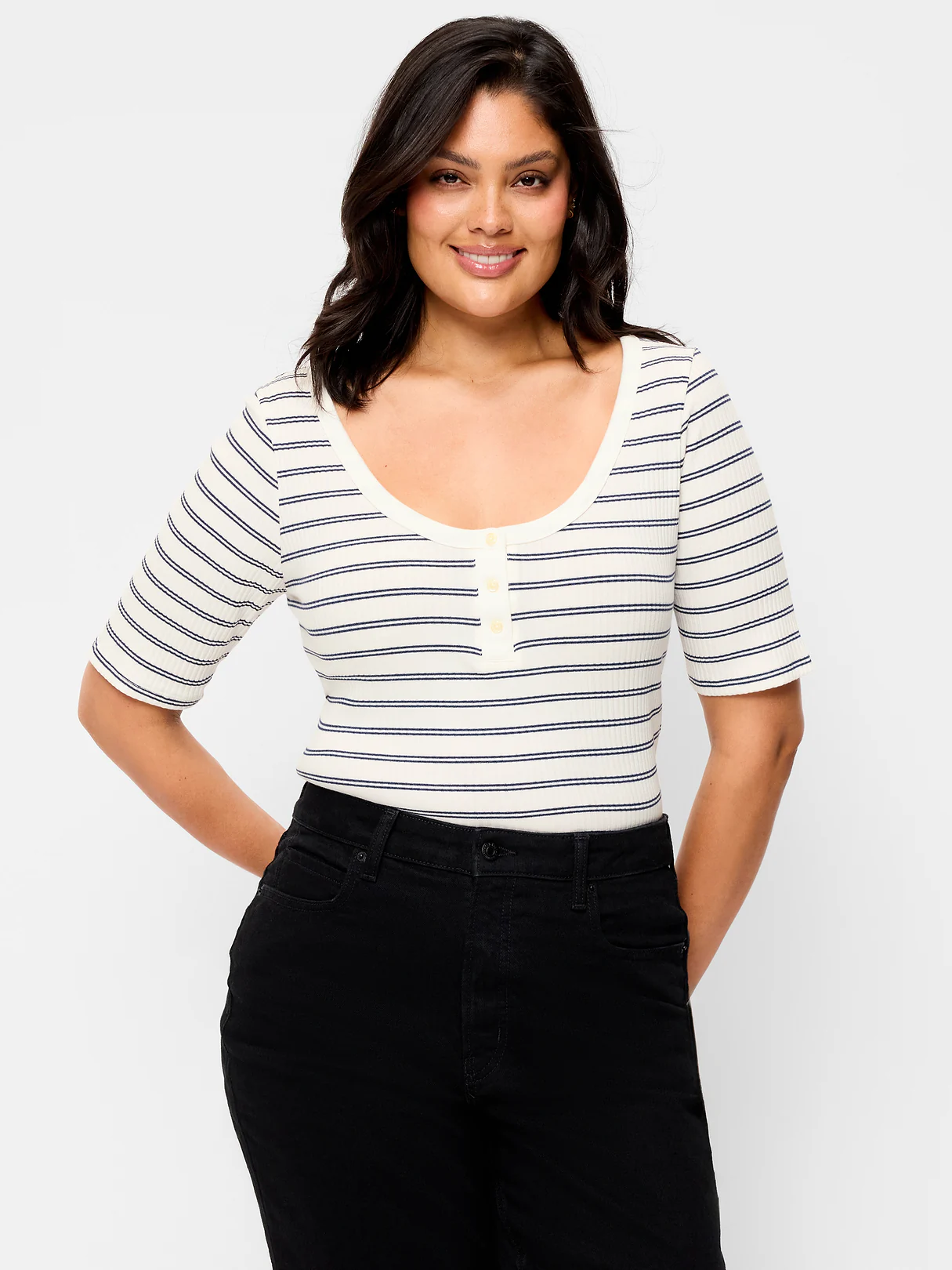 Scoop-Neck Fitted Henley Top - Navy Stripe