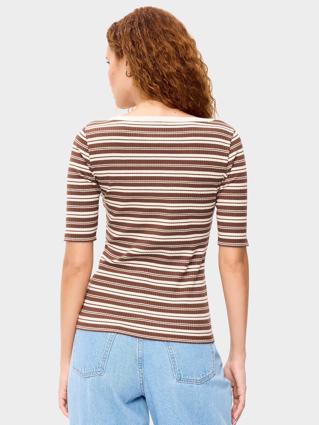 Scoop-Neck Fitted Henley Top - Earth Brown Stripe
