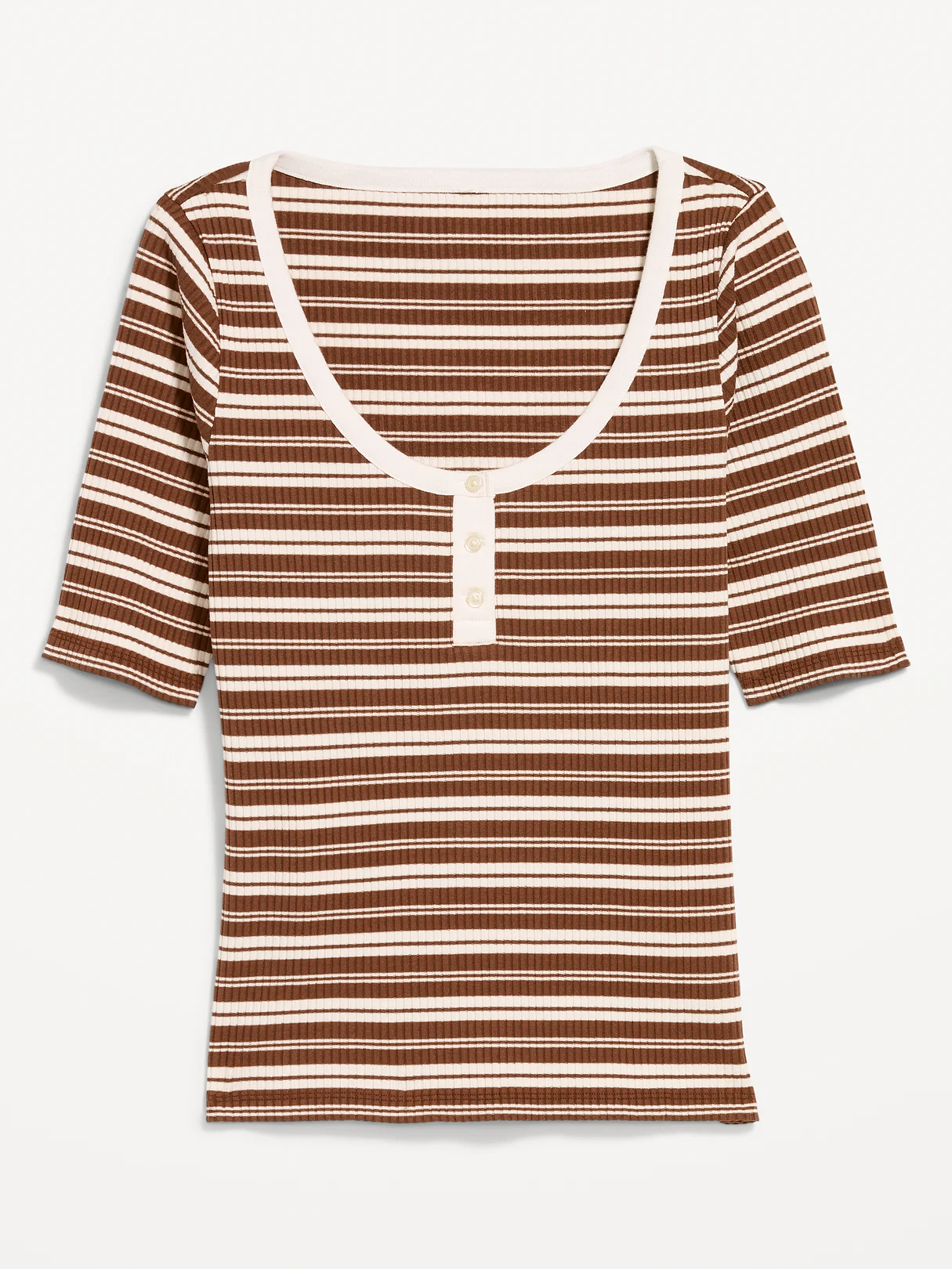 Scoop-Neck Fitted Henley Top - Earth Brown Stripe