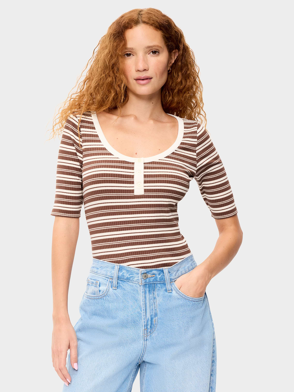 Scoop-Neck Fitted Henley Top - Earth Brown Stripe