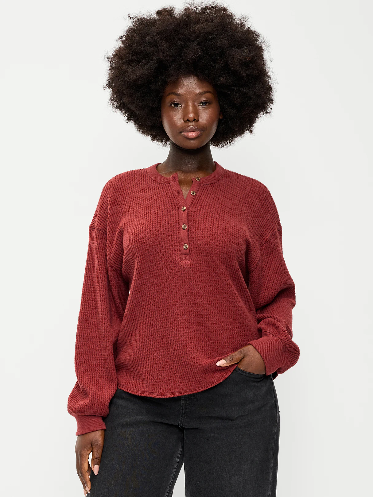 Long-Sleeve Crew-Neck Henley T-Shirt - Goji Berry