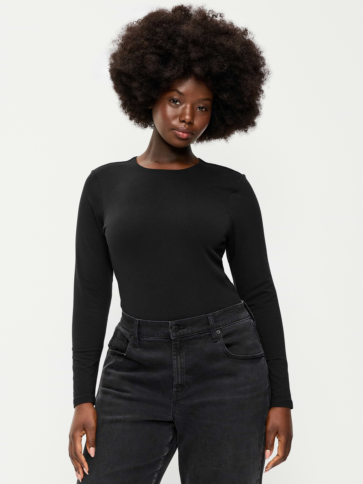 Hug Double-Layer Crew-Neck Long-Sleeve Top - Black Jack