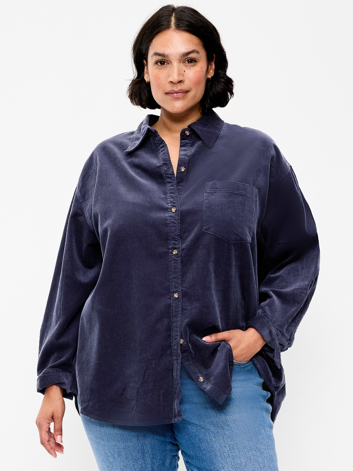 Oversized Boyfriend Button-Down Corduroy Shirt - Volcanic Glass