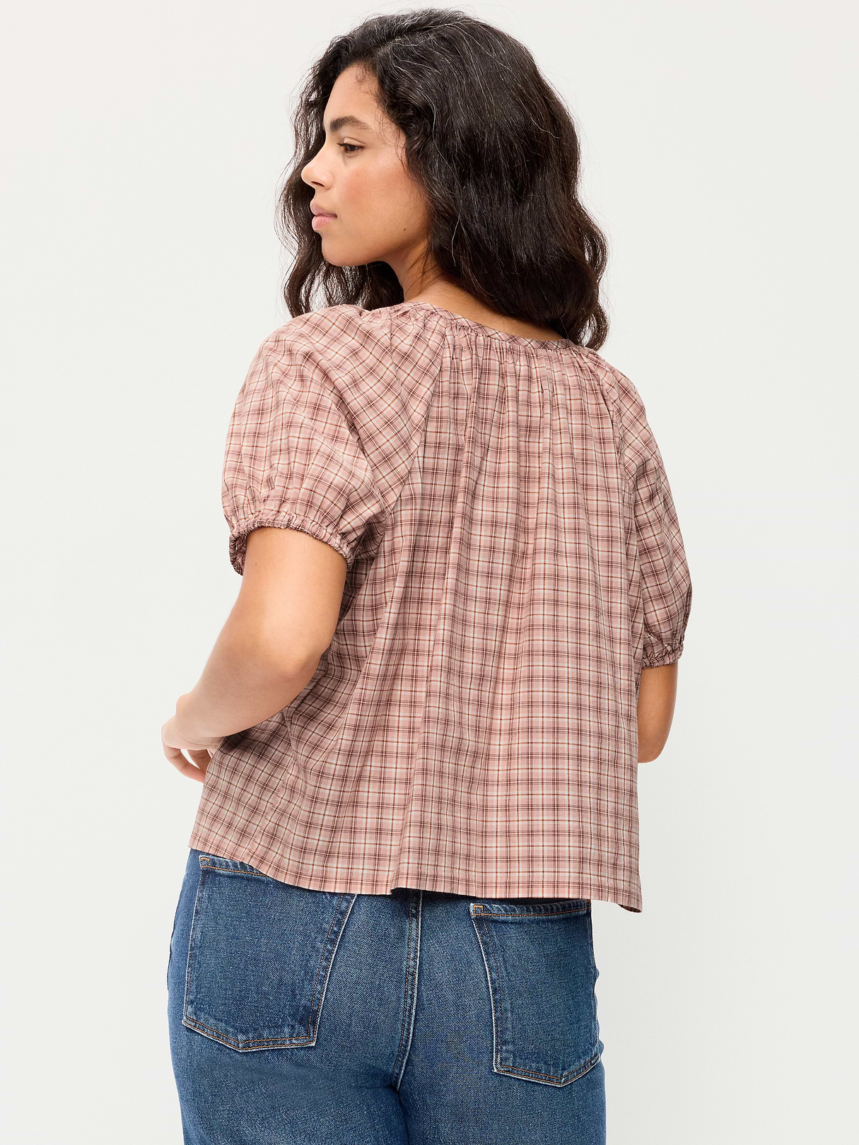 Airy Button-Down Top - Pink Plaid