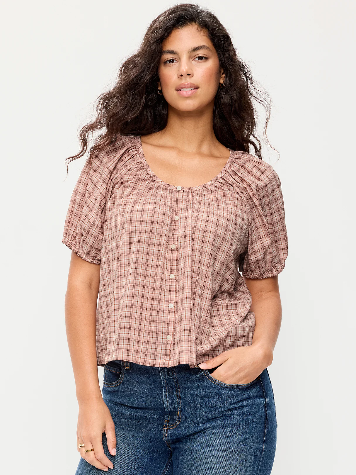 Airy Button-Down Top - Pink Plaid