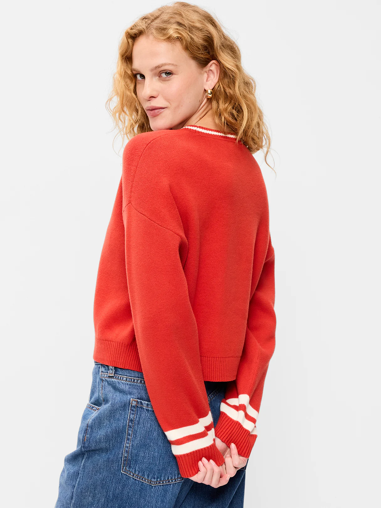 Cotton-Blend Crew-Neck Cropped Sweater - Red Stripe