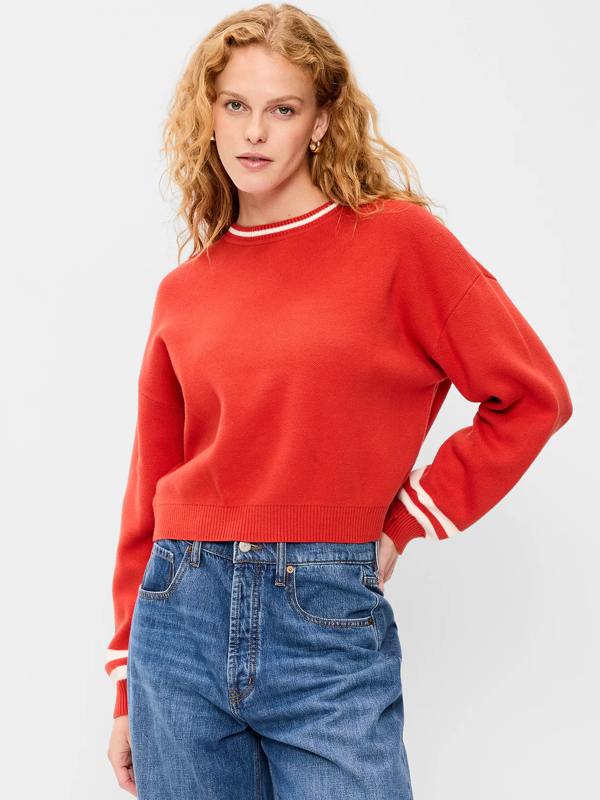 Cotton-Blend Crew-Neck Cropped Sweater - Red Stripe