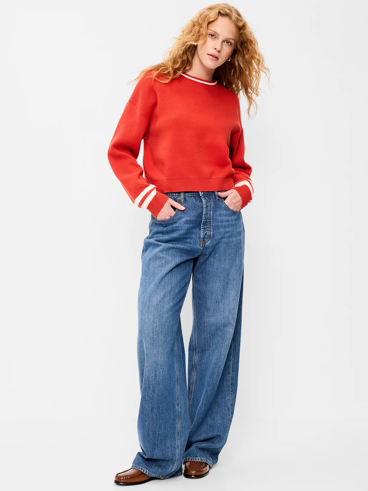 Cotton-Blend Crew-Neck Cropped Sweater - Red Stripe