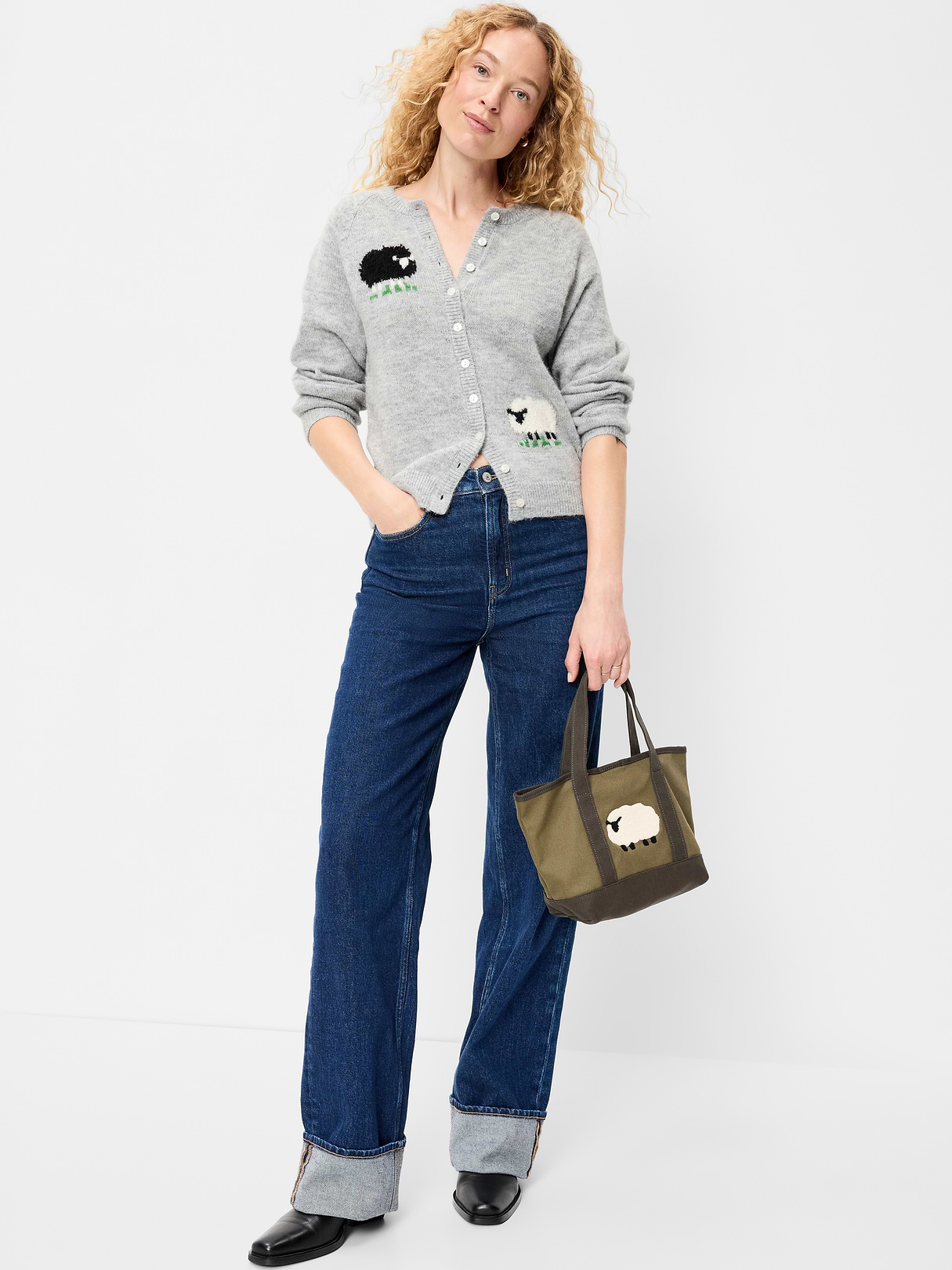 Cozy Crew-Neck Wool-Blend Cardigan - Sheep