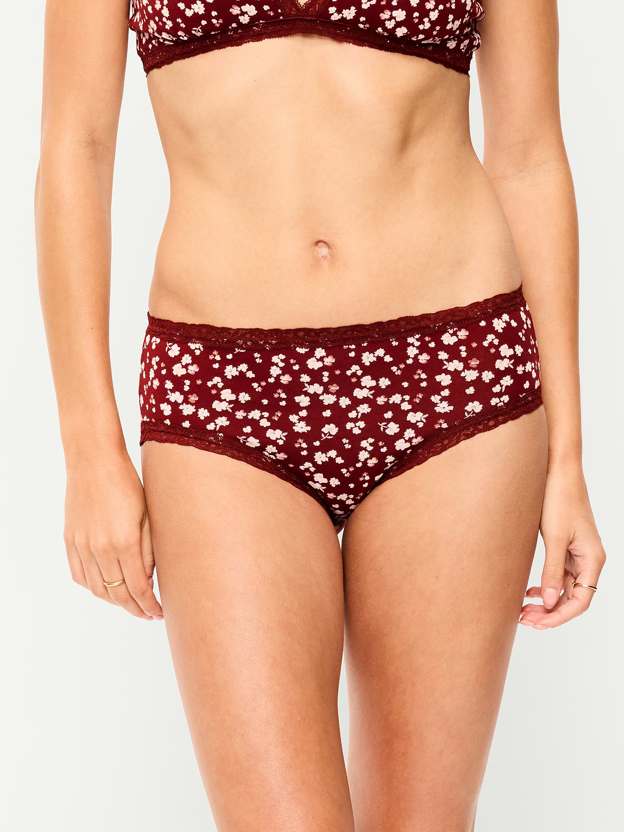 Lace-Trim Hipster Underwear - Burgundy Floral