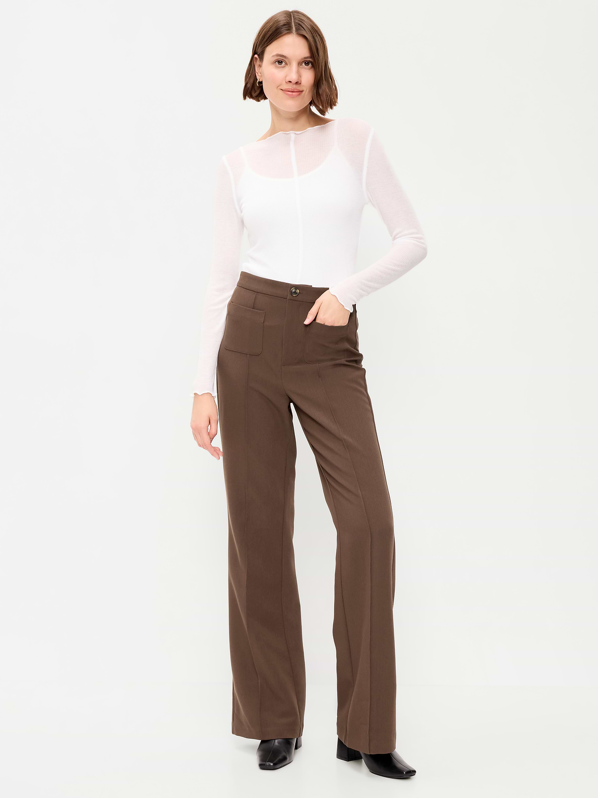 High-Waisted Patch Pocket Flare Pants - Earthen