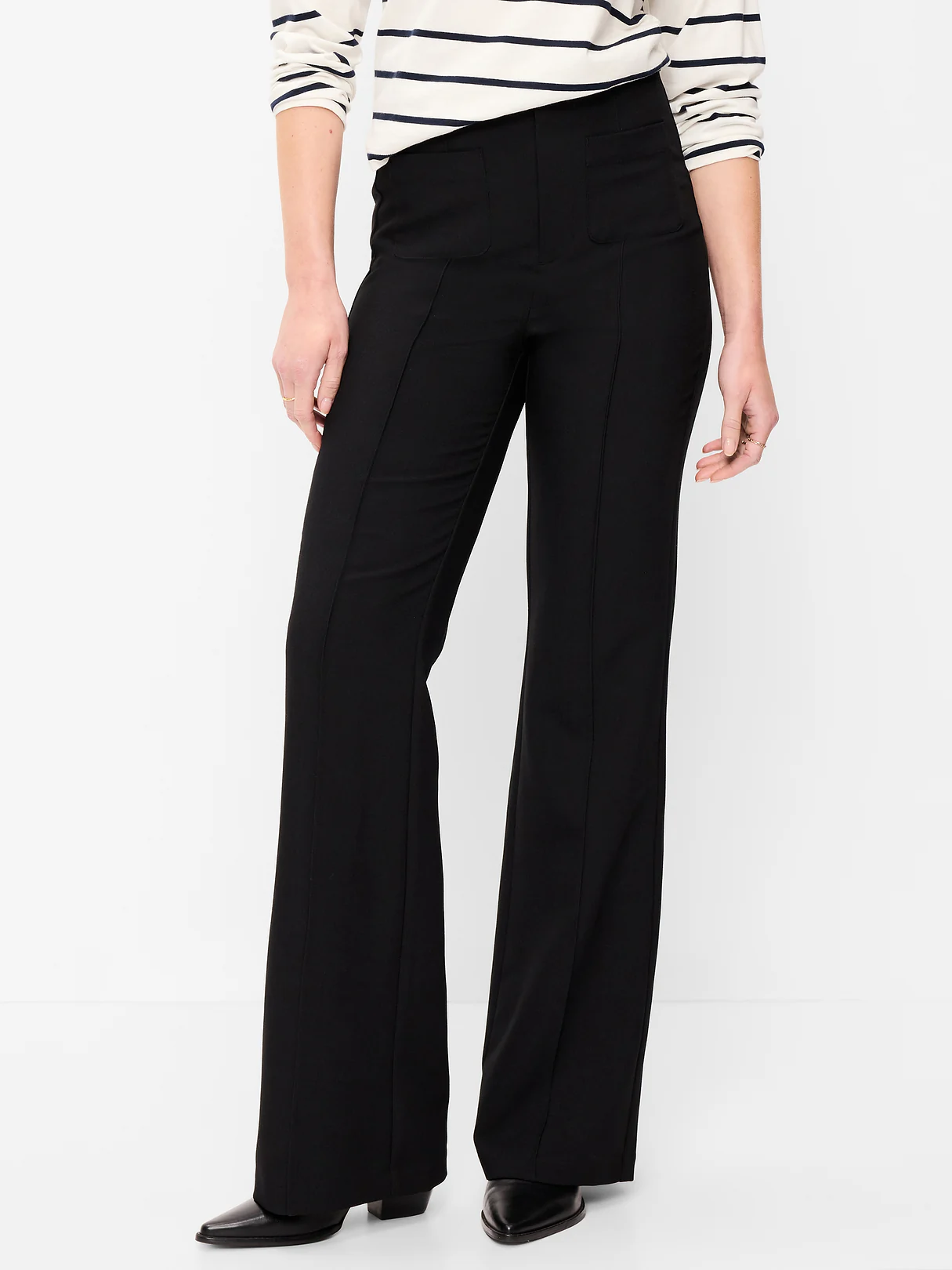 High-Waisted Patch Pocket Flare Pants - Black Jack