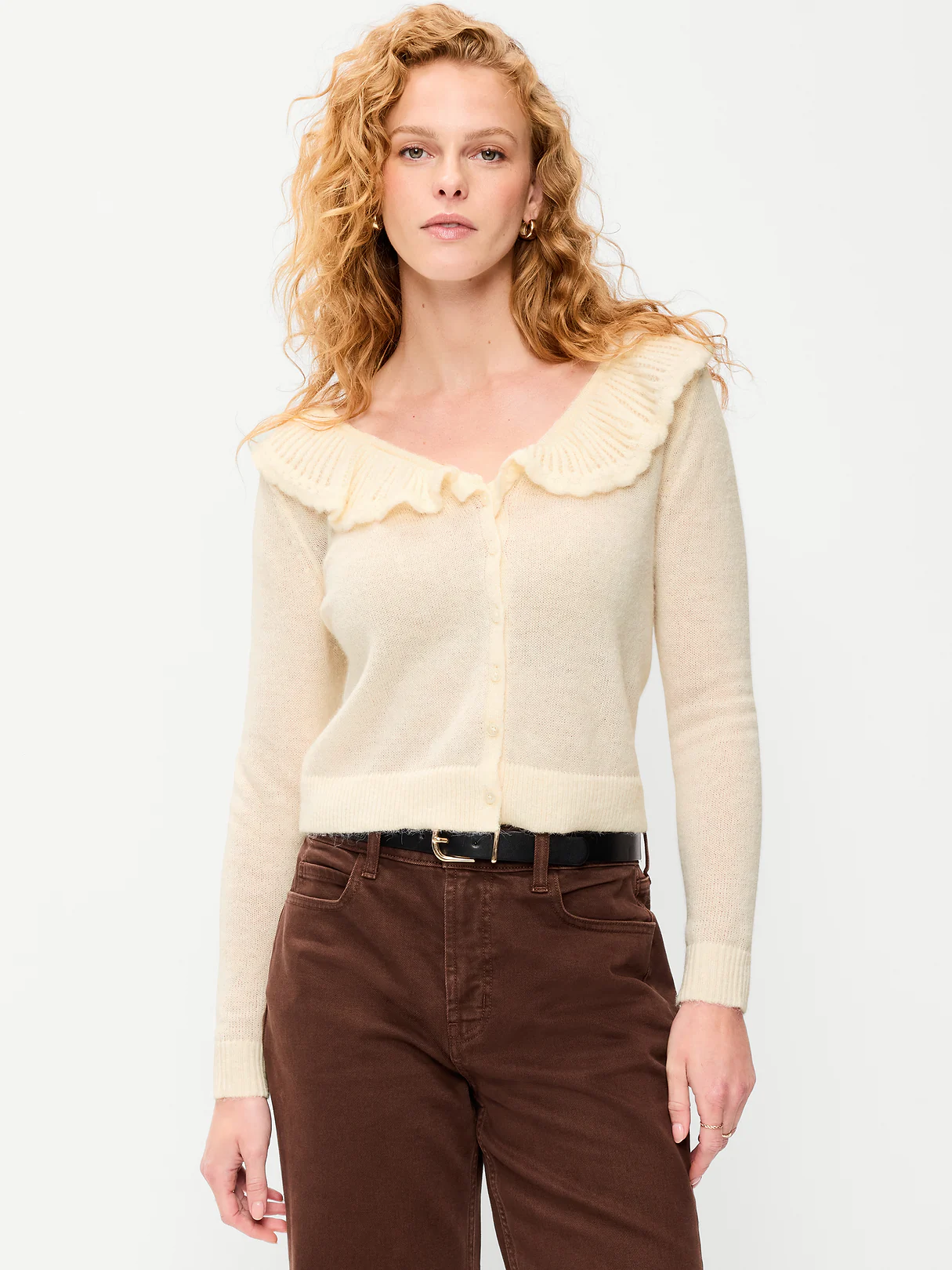 Ruffle-Collar Wool-Blend Pointelle Cardigan - Crème De La Crème