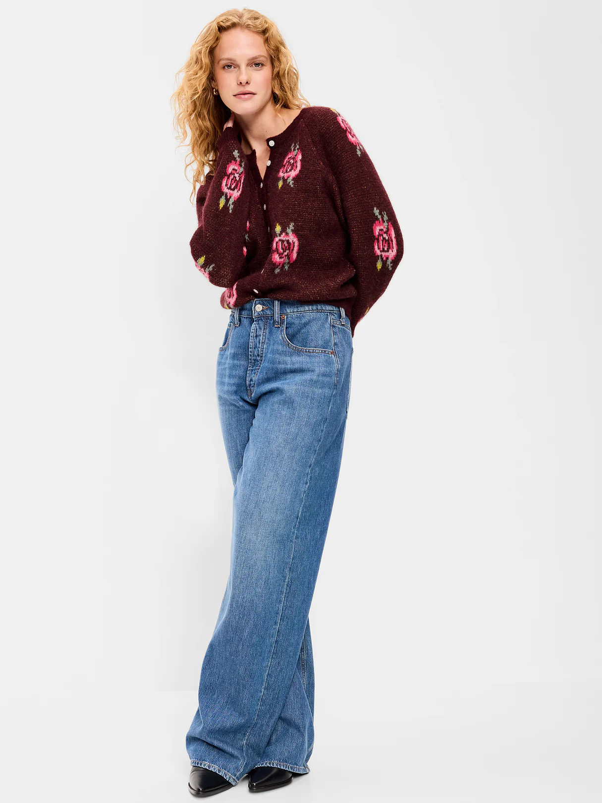 Cozy Crew-Neck Wool-Blend Cardigan - Roses