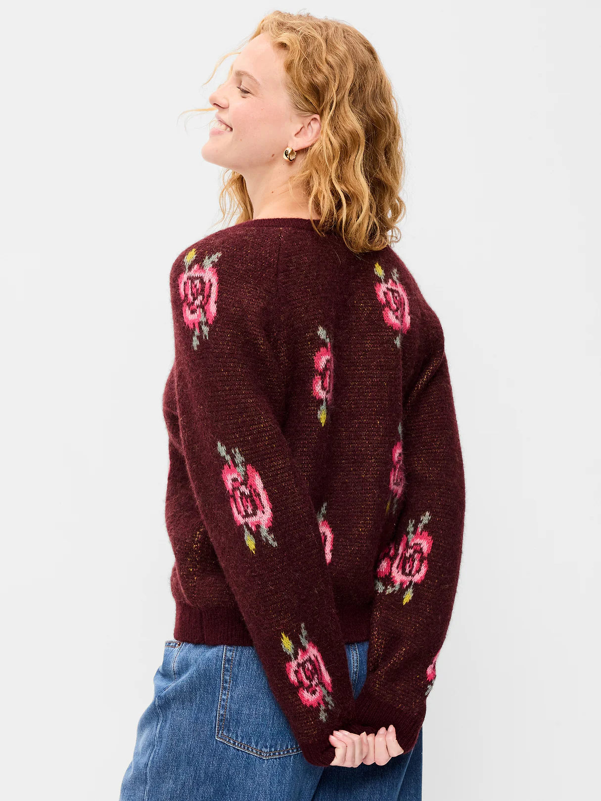 Cozy Crew-Neck Wool-Blend Cardigan - Roses