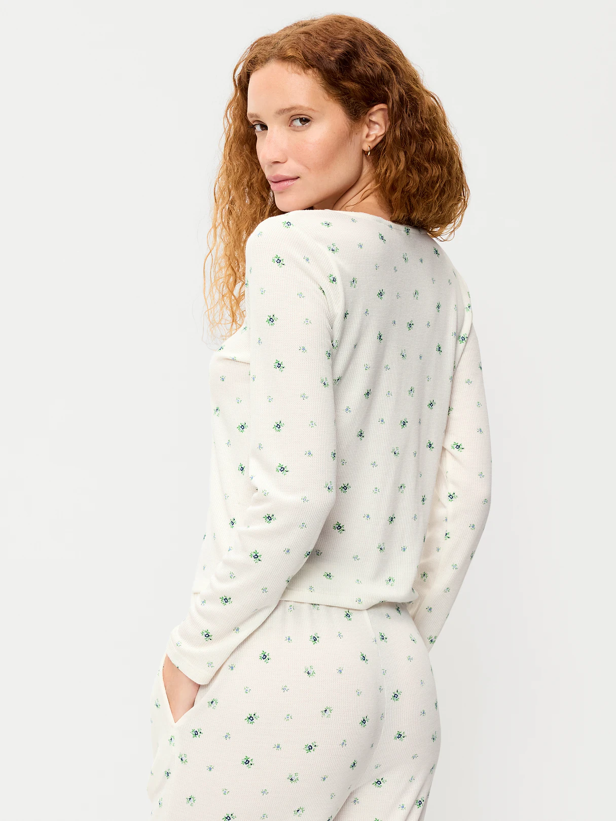 Waffle-Textured Long-Sleeve Pajama Top - Cream Ditsy Floral
