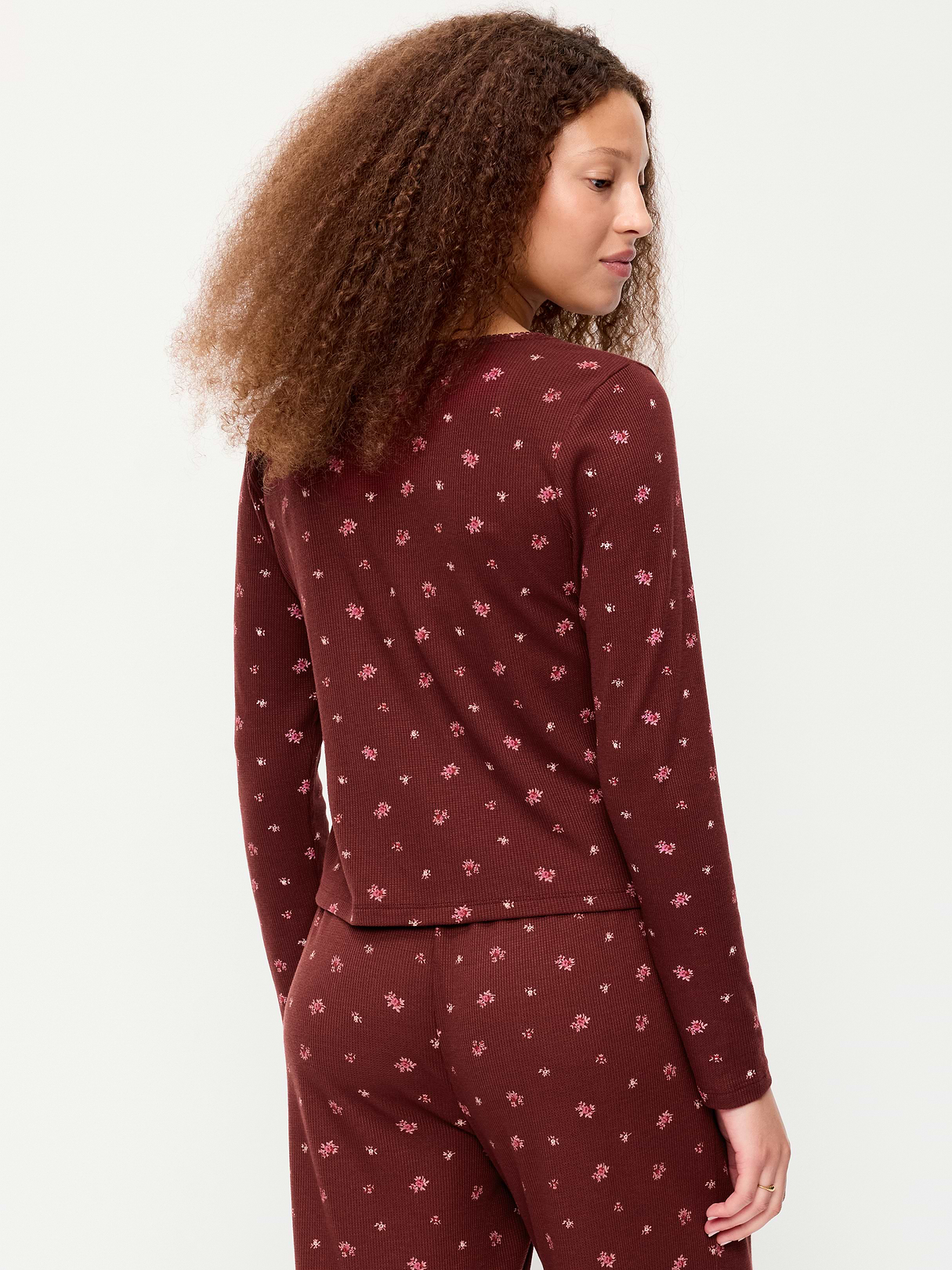 Waffle-Textured Long-Sleeve Pajama Top - Burgundy Ditsy Floral