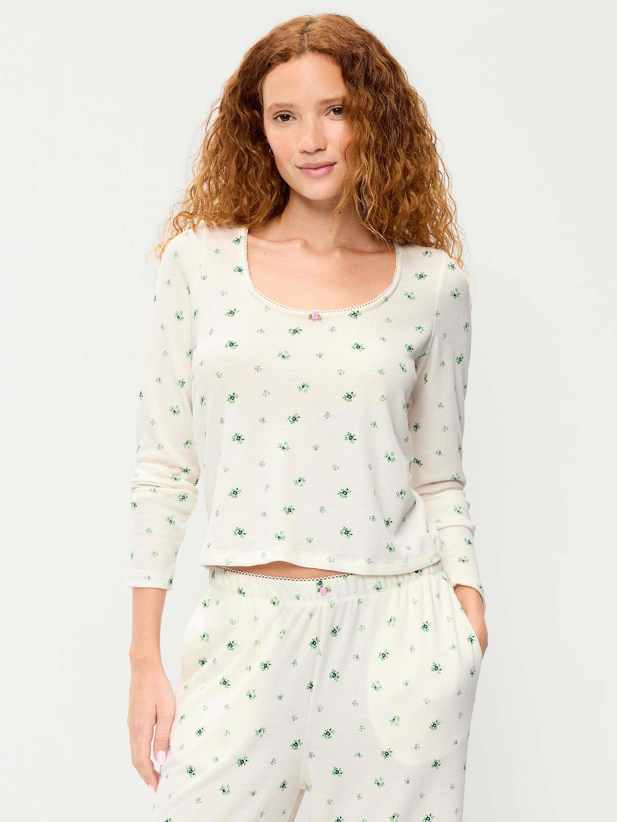 Waffle-Textured Long-Sleeve Pajama Top - Cream Ditsy Floral