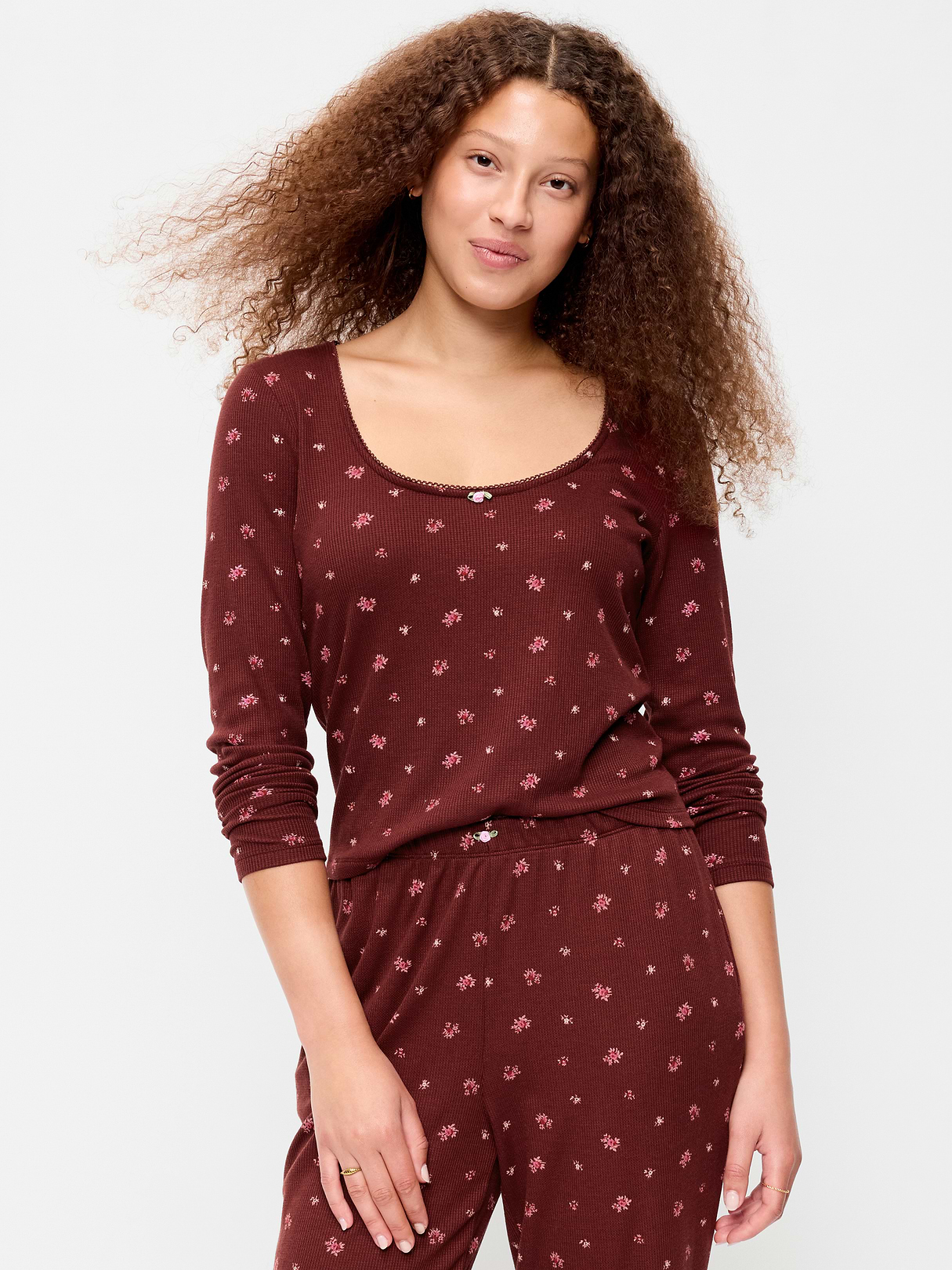 Waffle-Textured Long-Sleeve Pajama Top - Burgundy Ditsy Floral