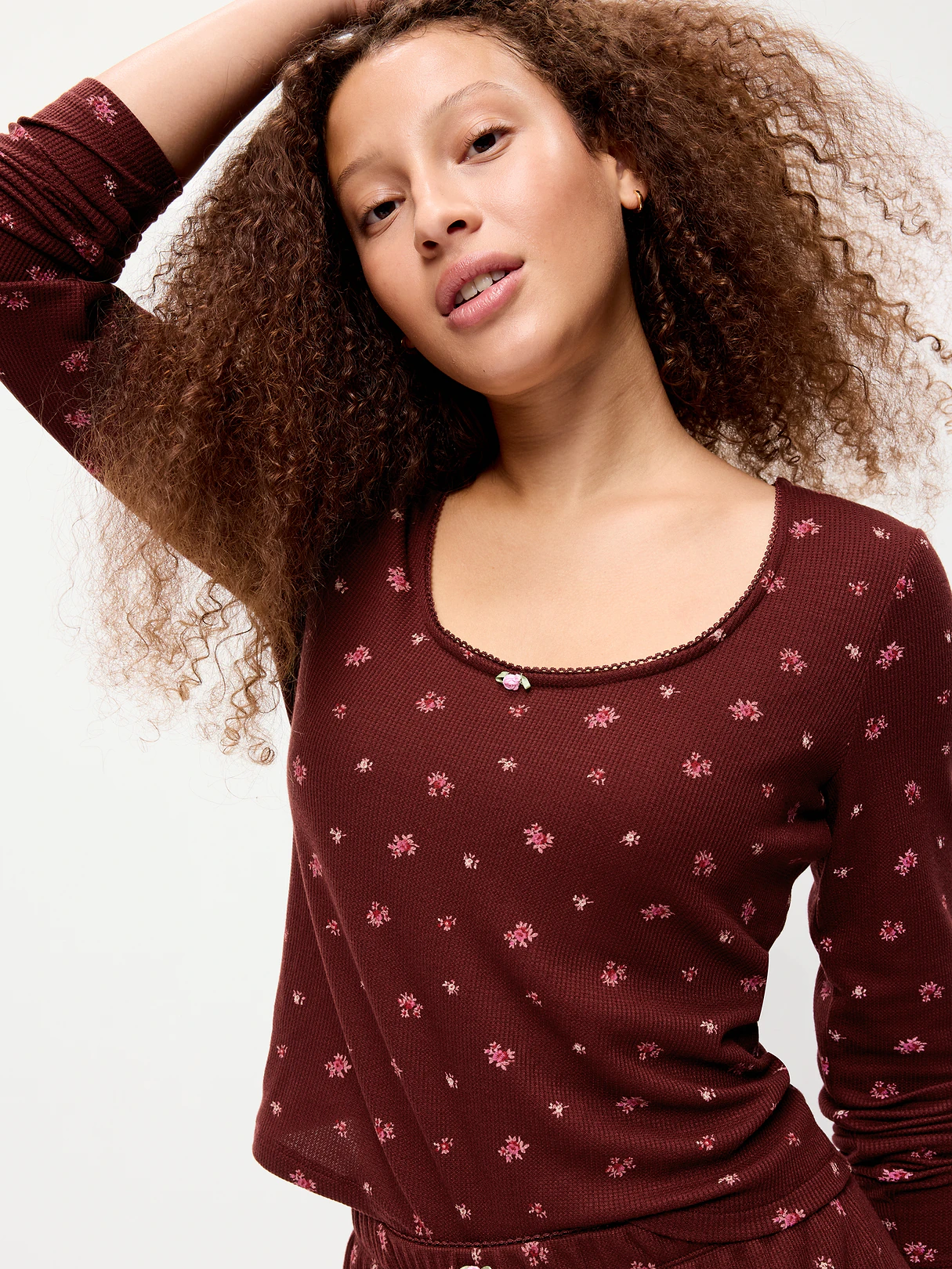 Waffle-Textured Long-Sleeve Pajama Top - Burgundy Ditsy Floral