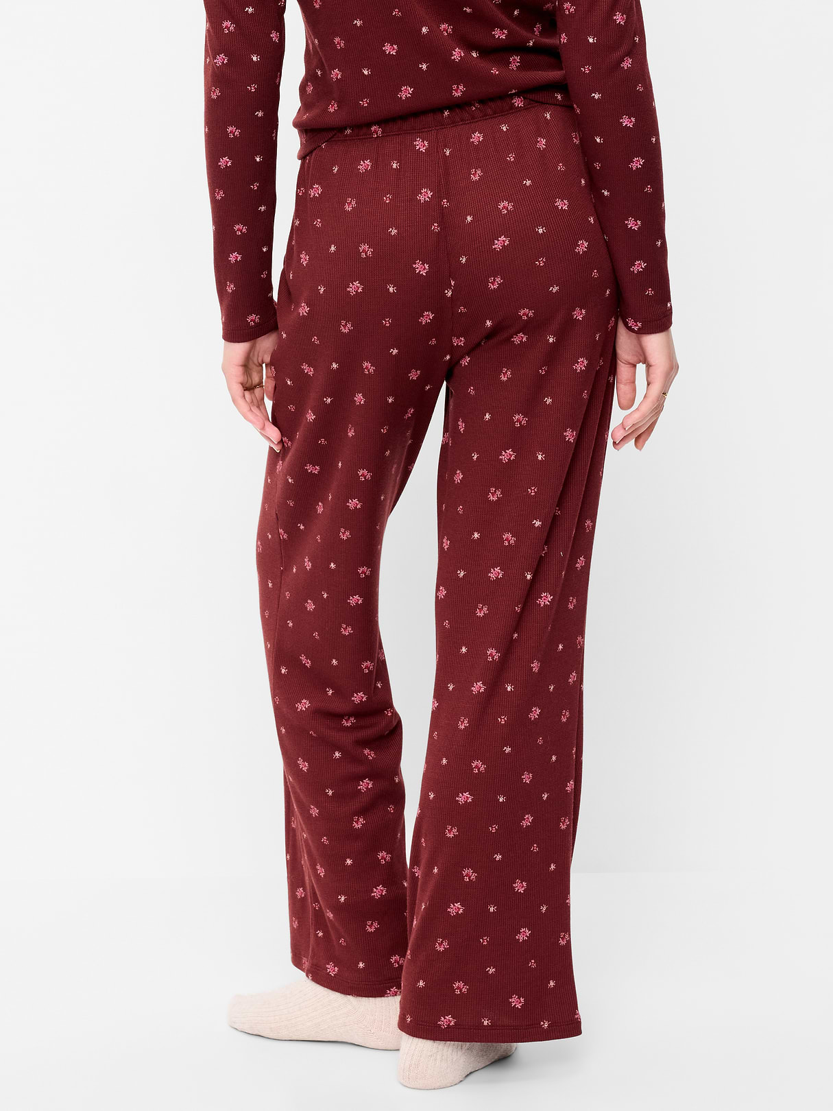 Waffle-Textured Pajama Pants - Burgundy Ditsy Floral