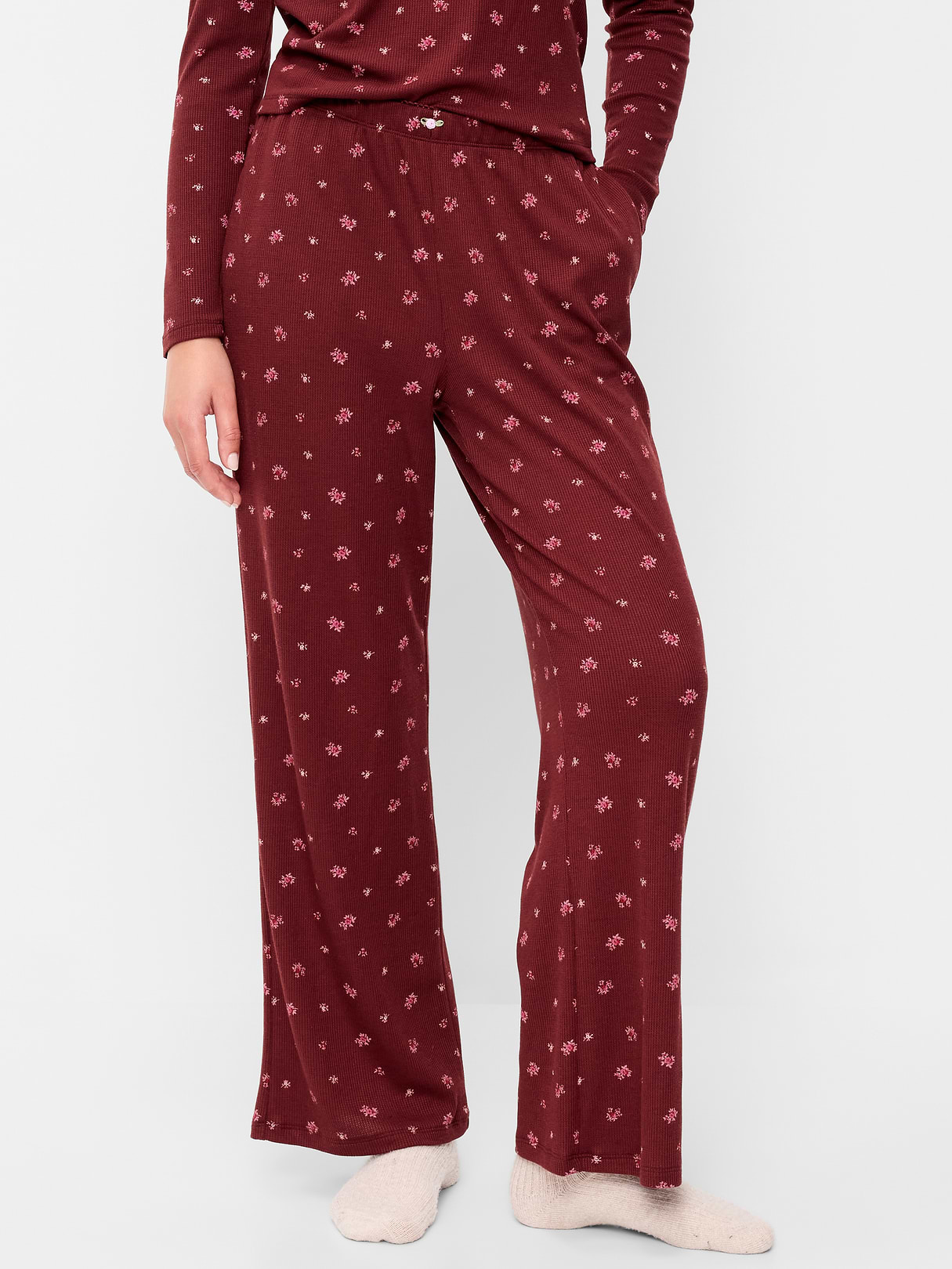 Waffle-Textured Pajama Pants - Burgundy Ditsy Floral