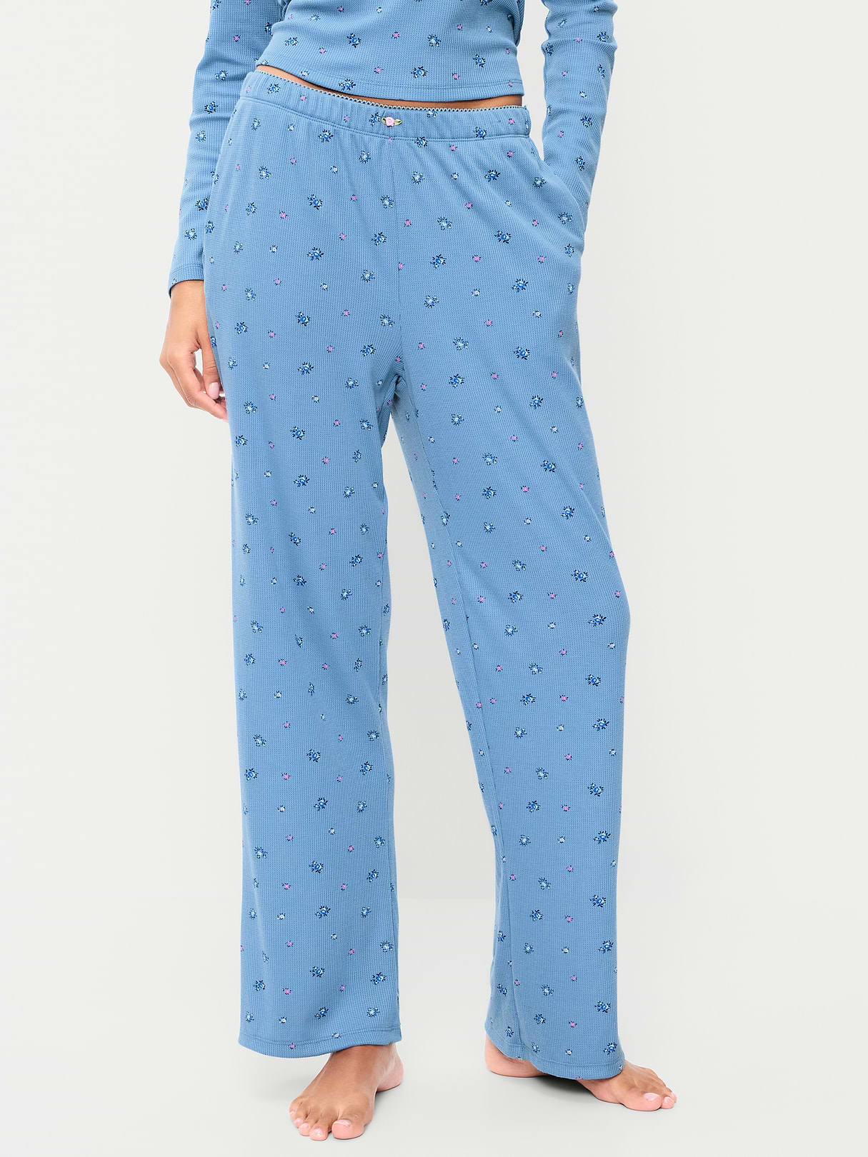 Waffle-Textured Pajama Pants - Blue Ditsy Floral