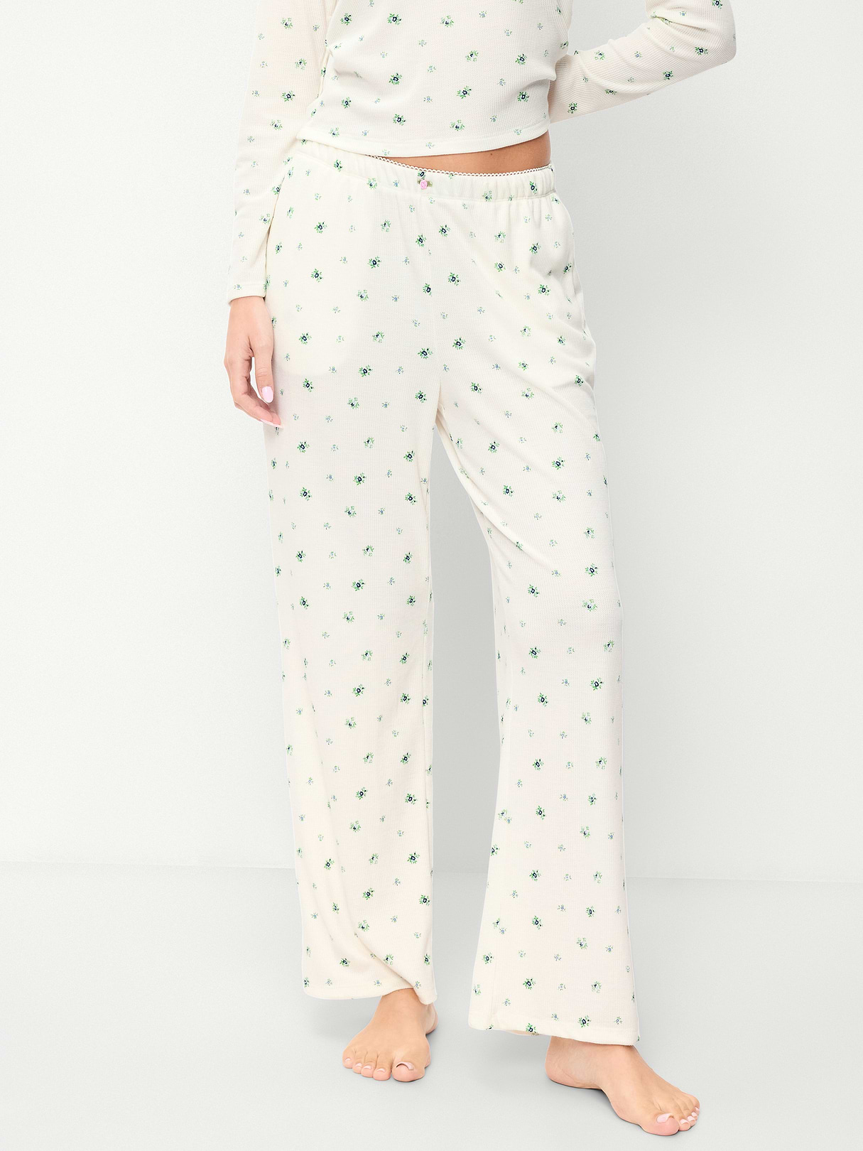 Waffle-Textured Pajama Pants - Cream Ditsy Floral