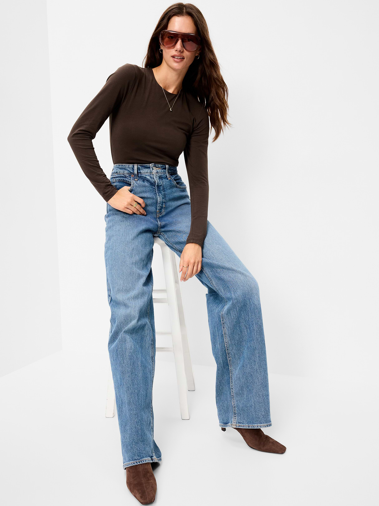 Hug Double-Layer Crew-Neck Long-Sleeve Top - Black Coffee