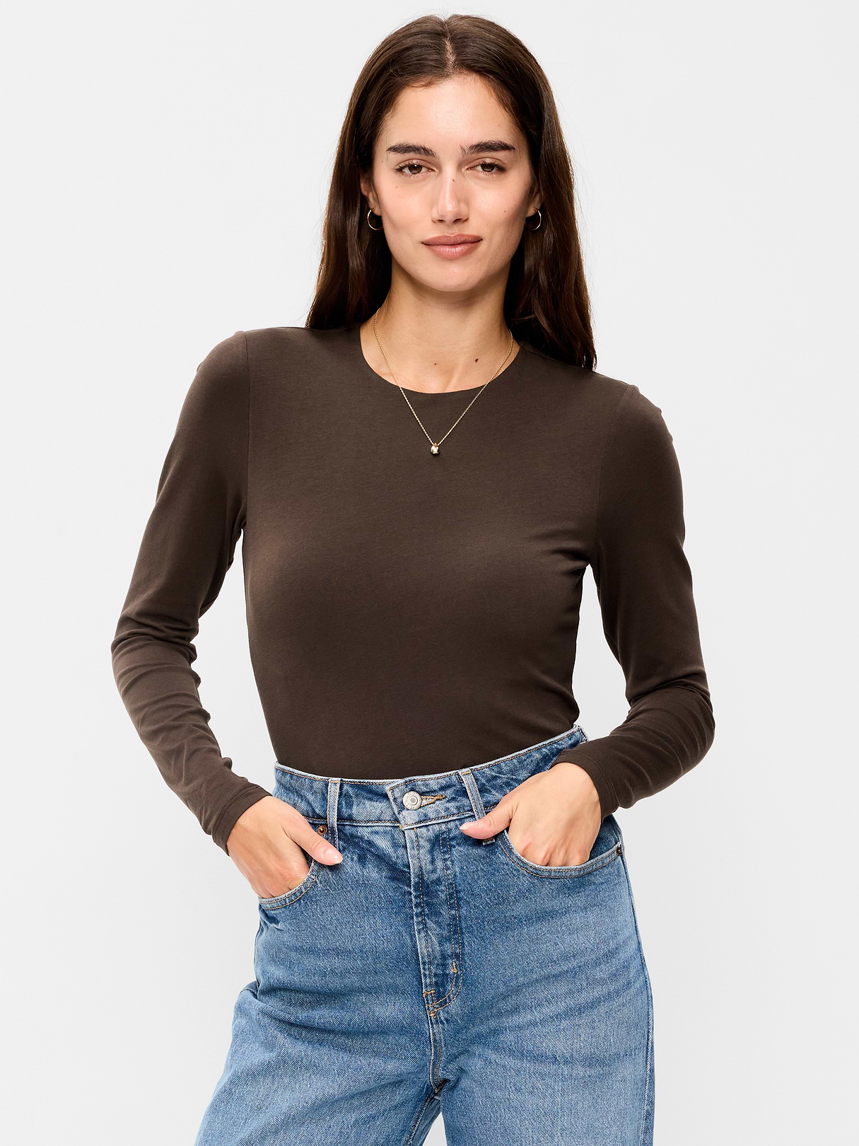 Hug Double-Layer Crew-Neck Long-Sleeve Top - Black Coffee