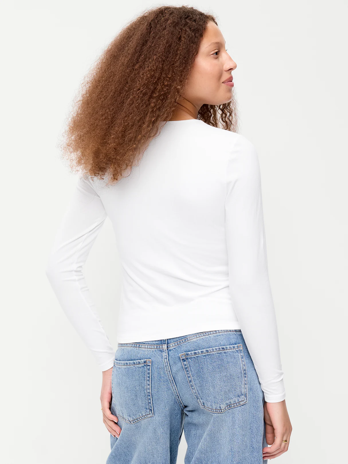 Hug Double-Layer Crew-Neck Long-Sleeve Top - White Lilies