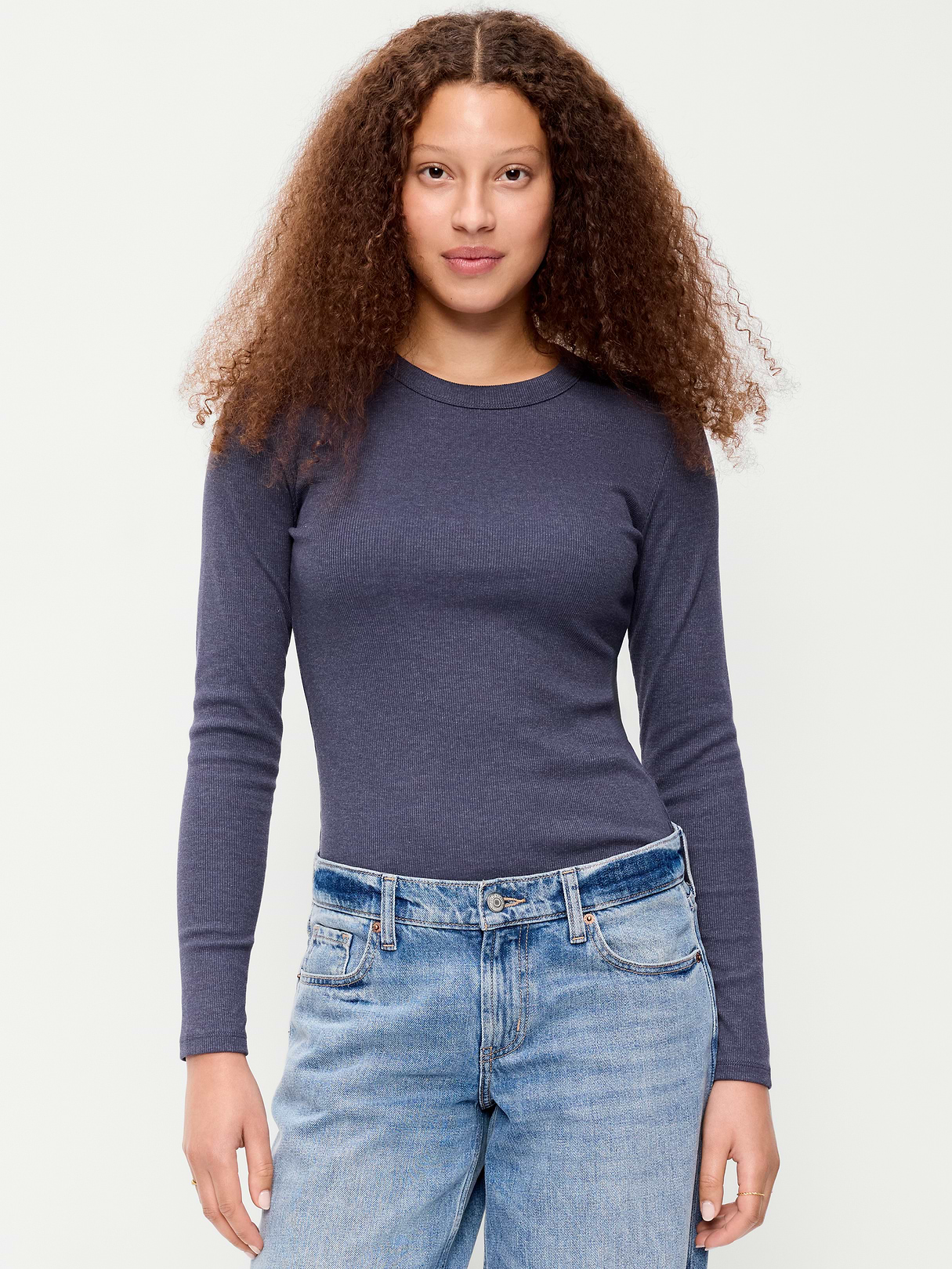 Snug Long-Sleeve Striped Ribbed T-Shirt - Volcanic Glass