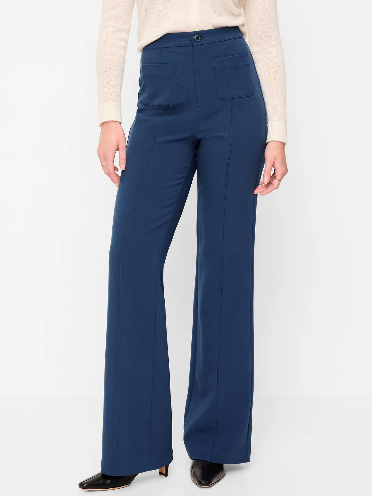 High-Waisted Patch Pocket Flare Pants - Gothic Blue