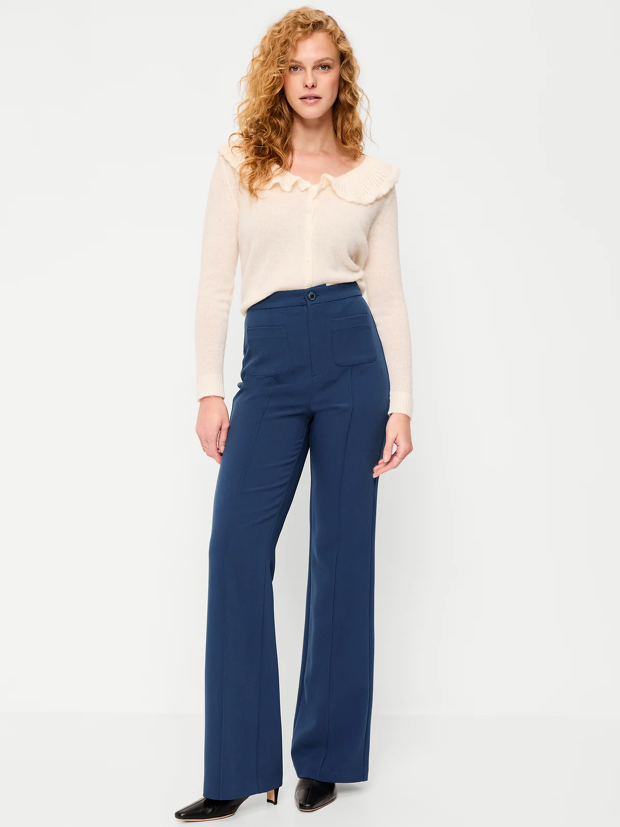 High-Waisted Patch Pocket Flare Pants - Gothic Blue