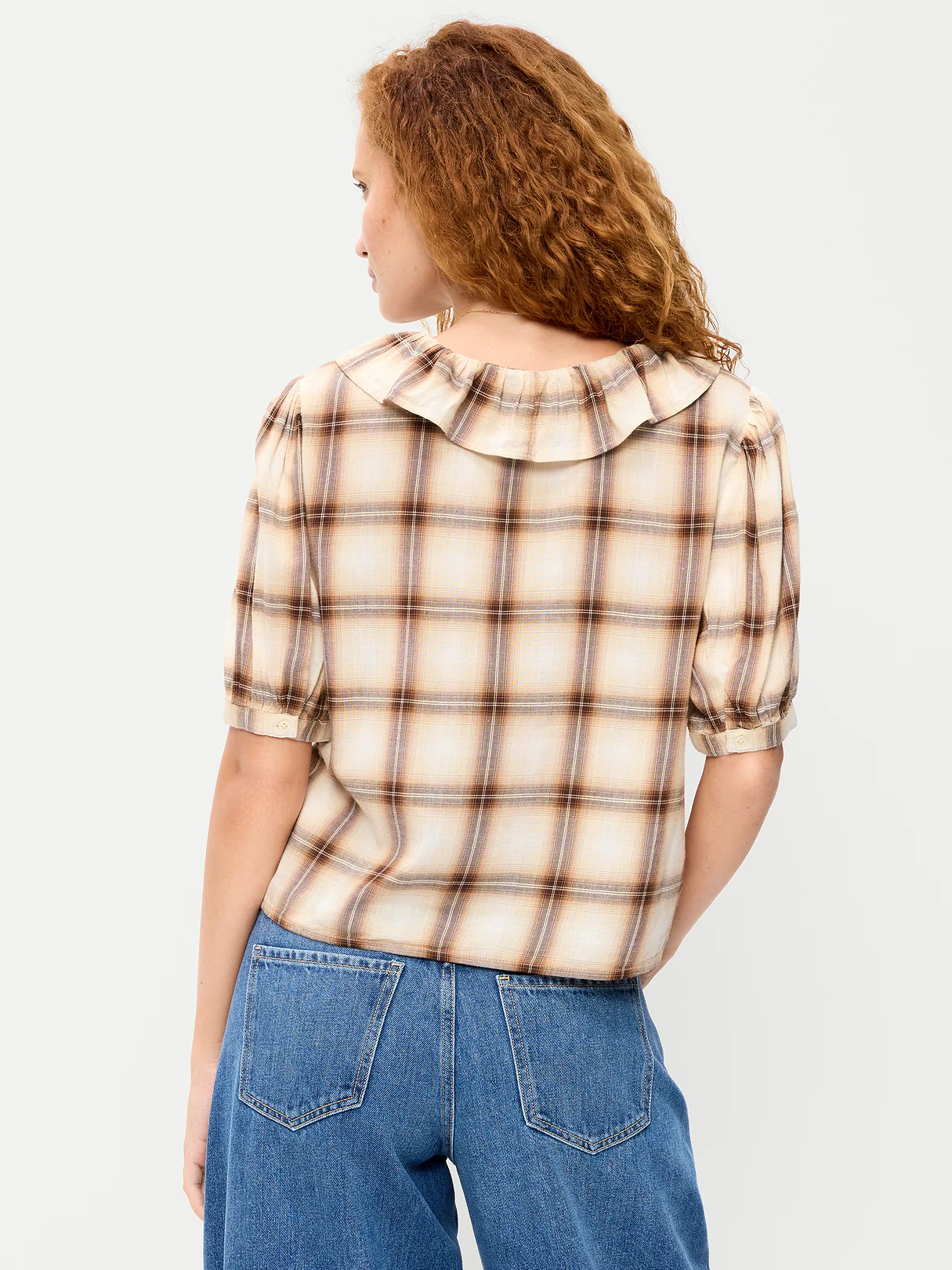 Ruffle Collar Tie-Front Top - Brown Plaid