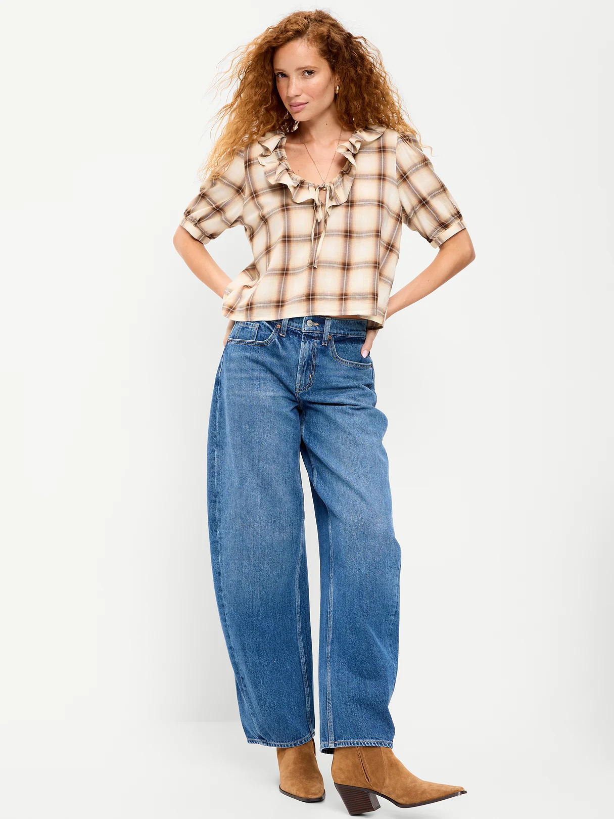 Ruffle Collar Tie-Front Top - Brown Plaid