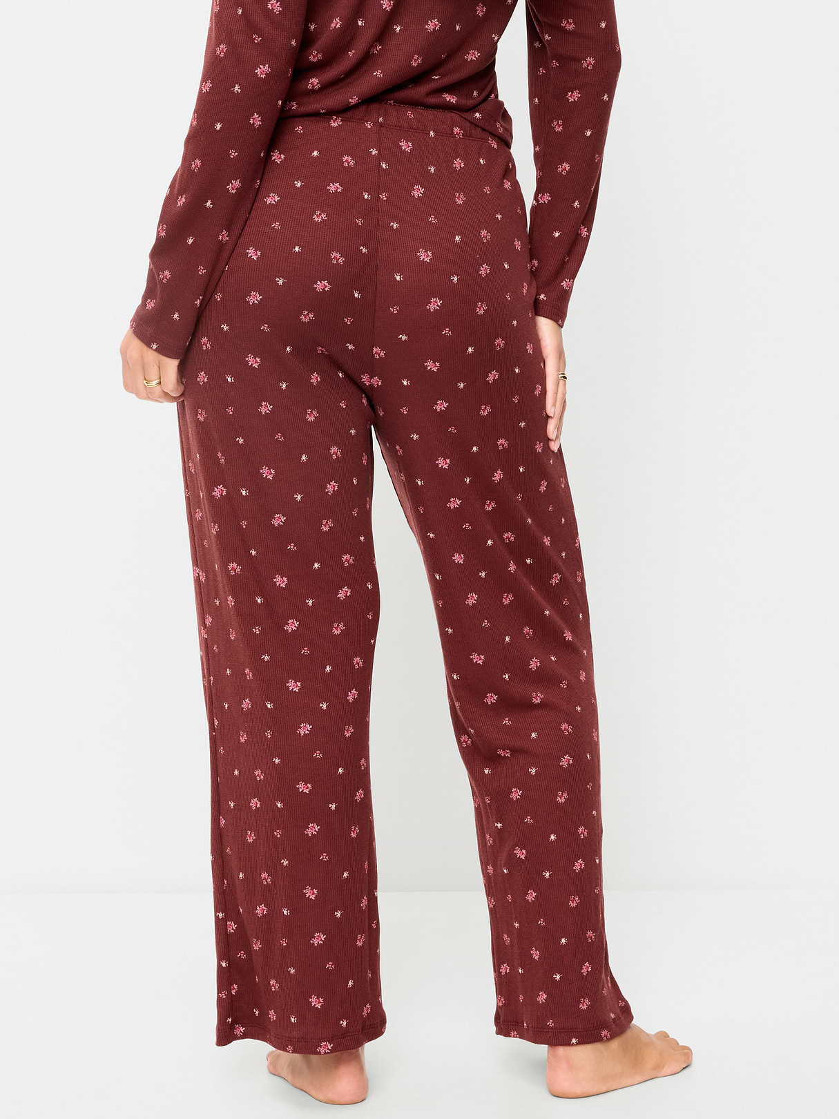 Waffle-Textured Pajama Pants - Burgundy Ditsy Floral