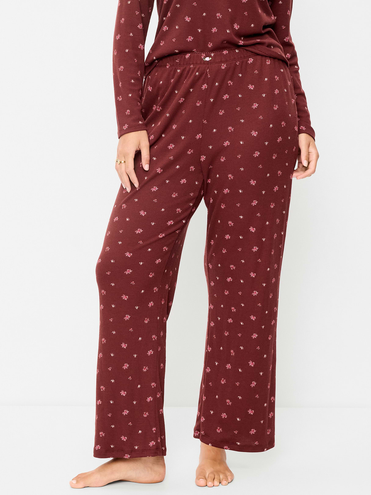 Waffle-Textured Pajama Pants - Burgundy Ditsy Floral