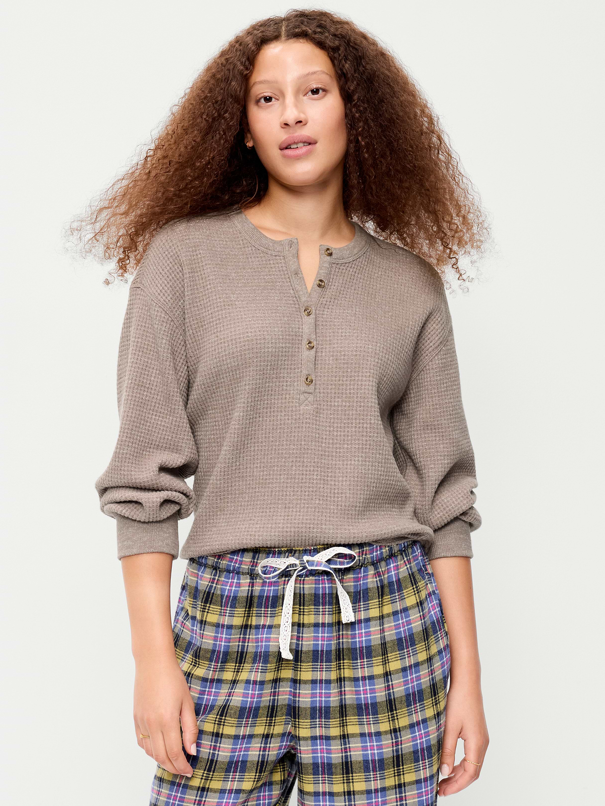 Long-Sleeve Crew-Neck Henley T-Shirt - Mushroom