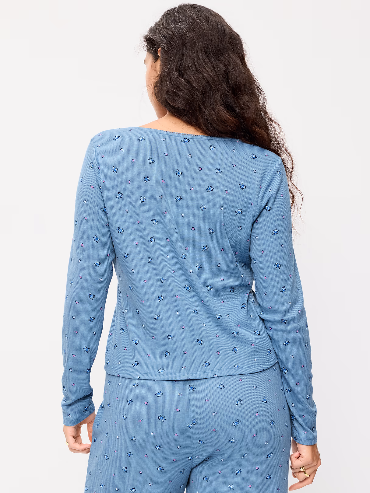 Waffle-Textured Long-Sleeve Pajama Top - Blue Ditsy Floral