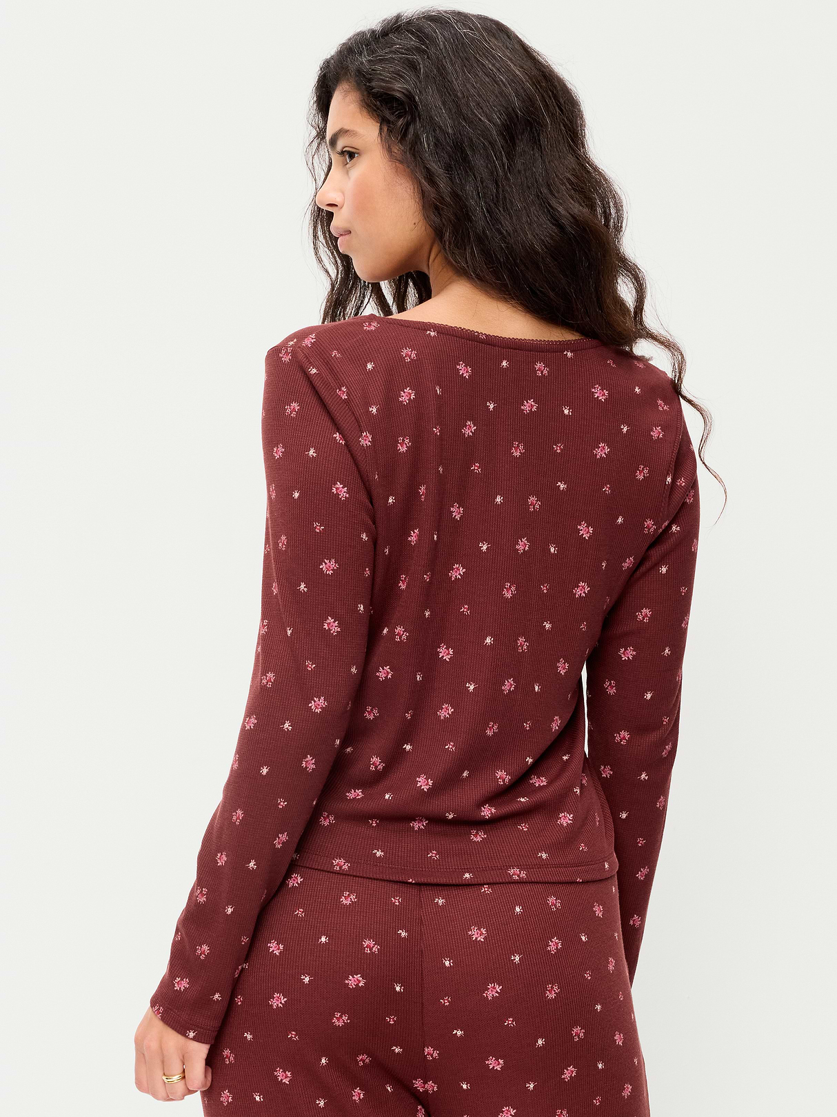 Waffle-Textured Long-Sleeve Pajama Top - Burgundy Ditsy Floral