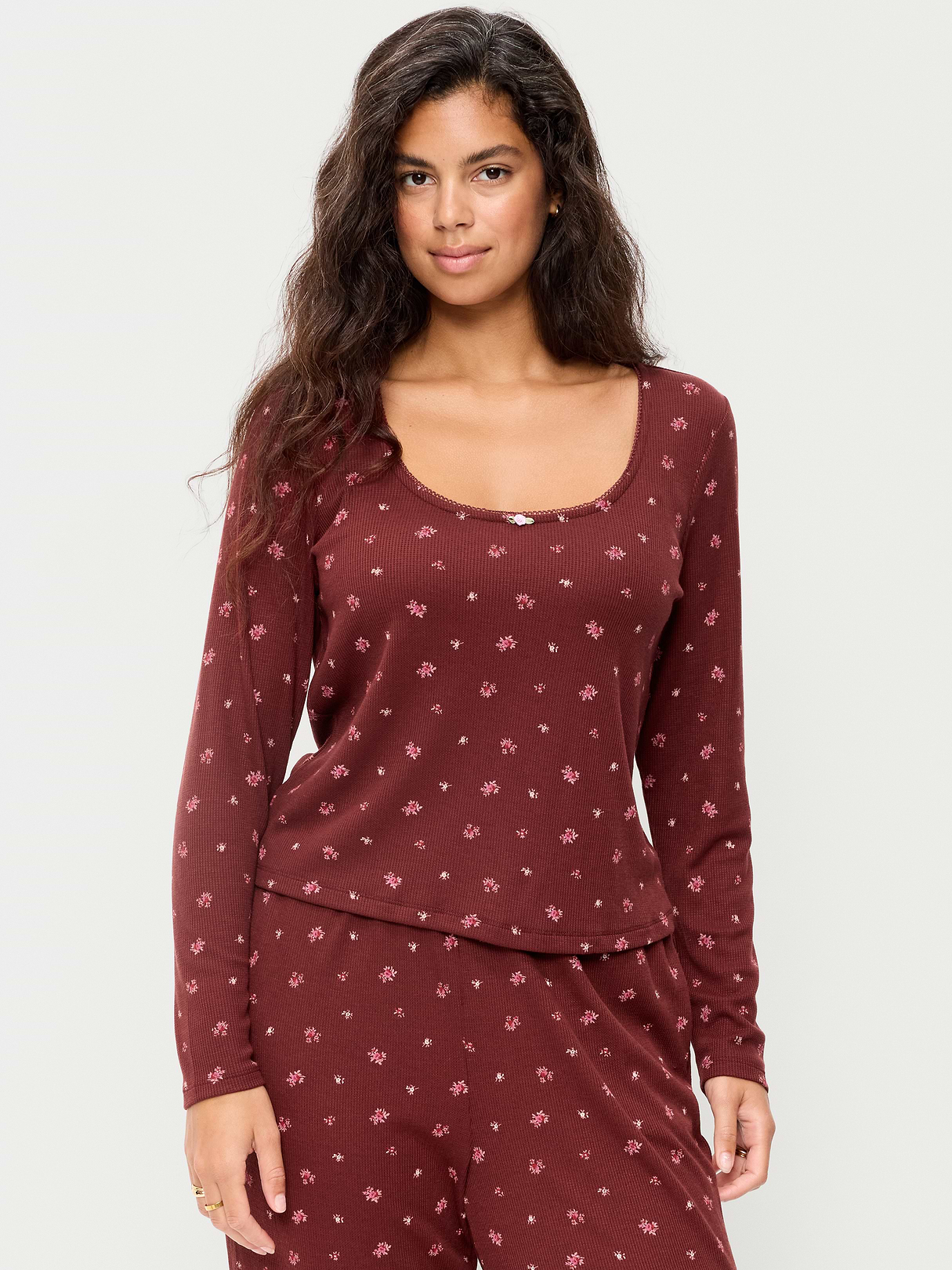 Waffle-Textured Long-Sleeve Pajama Top - Burgundy Ditsy Floral