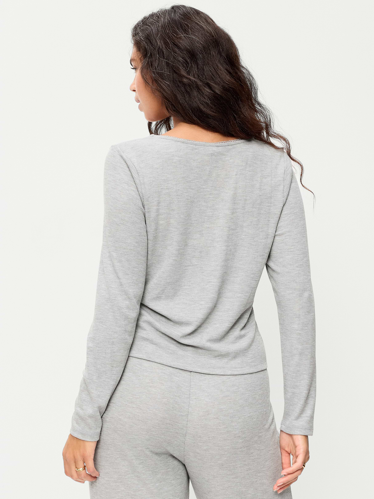 Waffle-Textured Long-Sleeve Pajama Top - Heather Grey