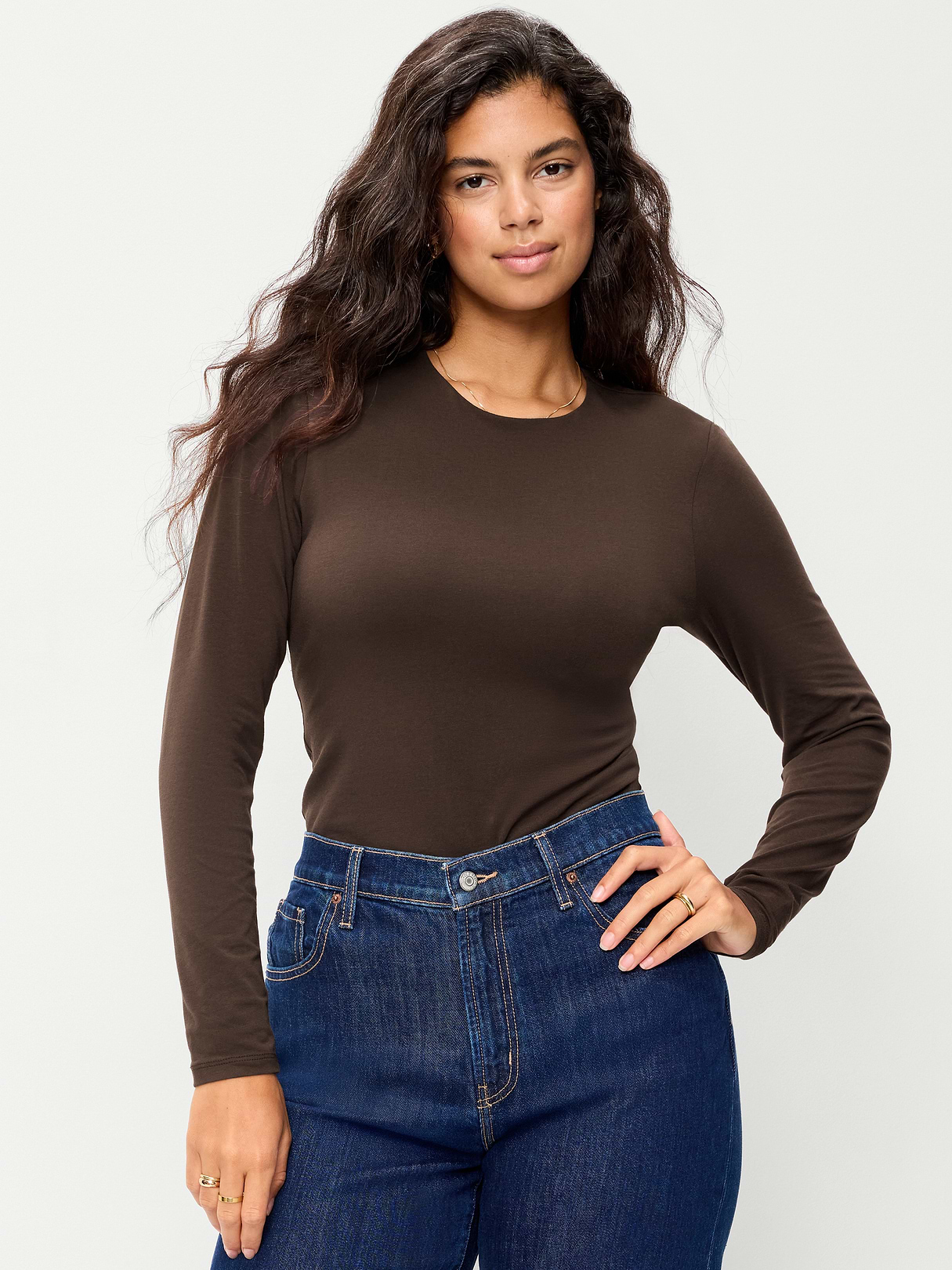 Hug Double-Layer Crew-Neck Long-Sleeve Top - Black Coffee