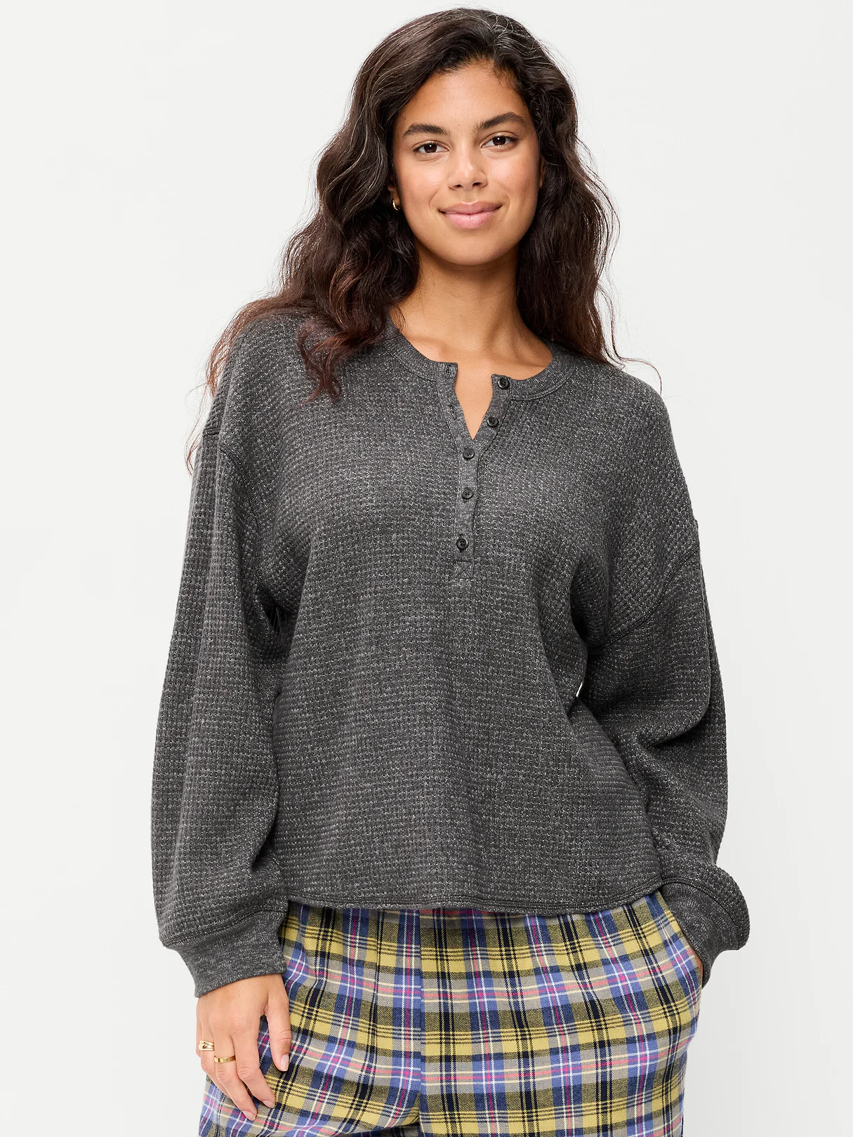 Long-Sleeve Crew-Neck Henley T-Shirt - Dark Gray