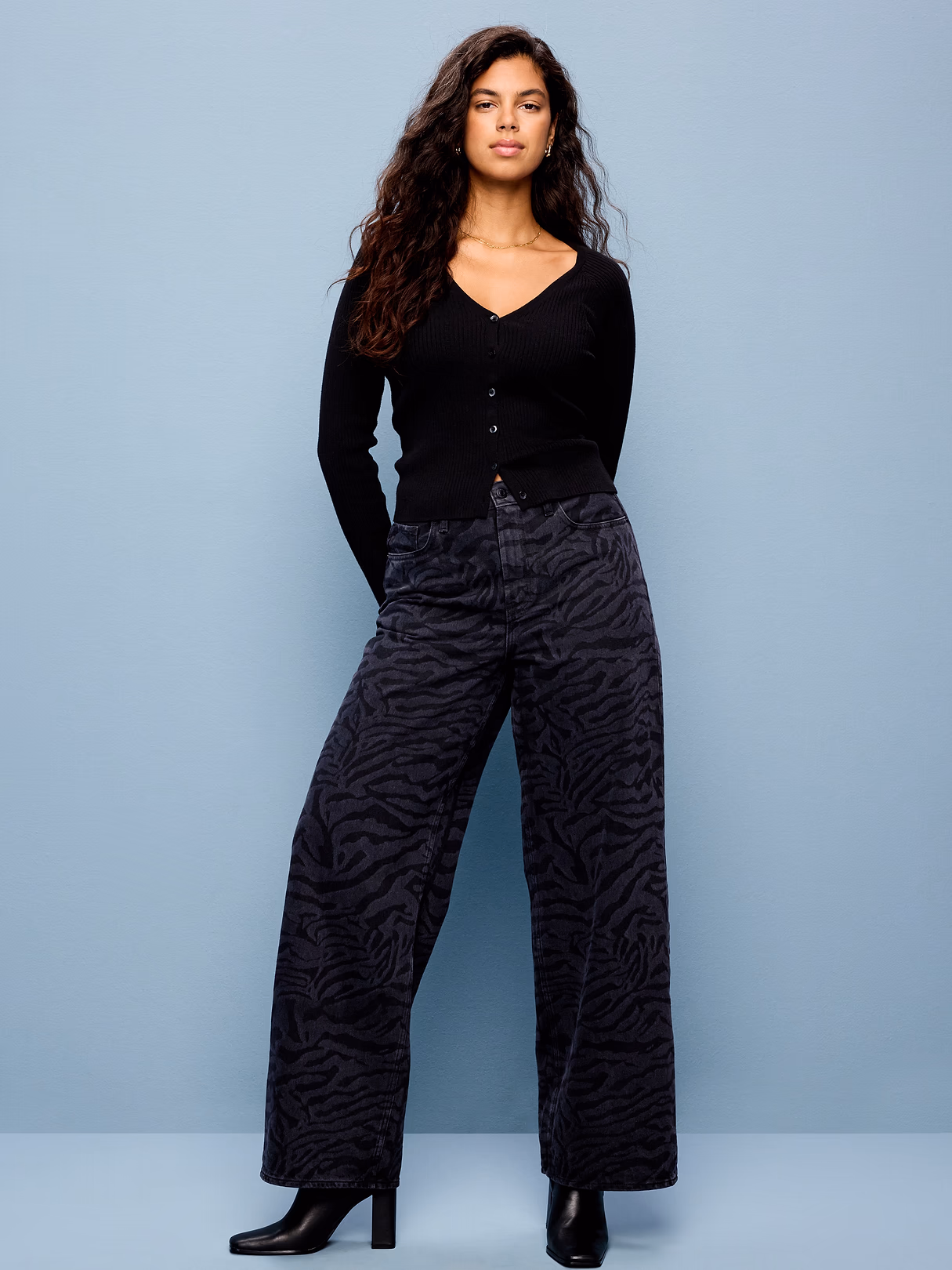 High-Waisted Baggy Wide-Leg Jeans - Black Zebra