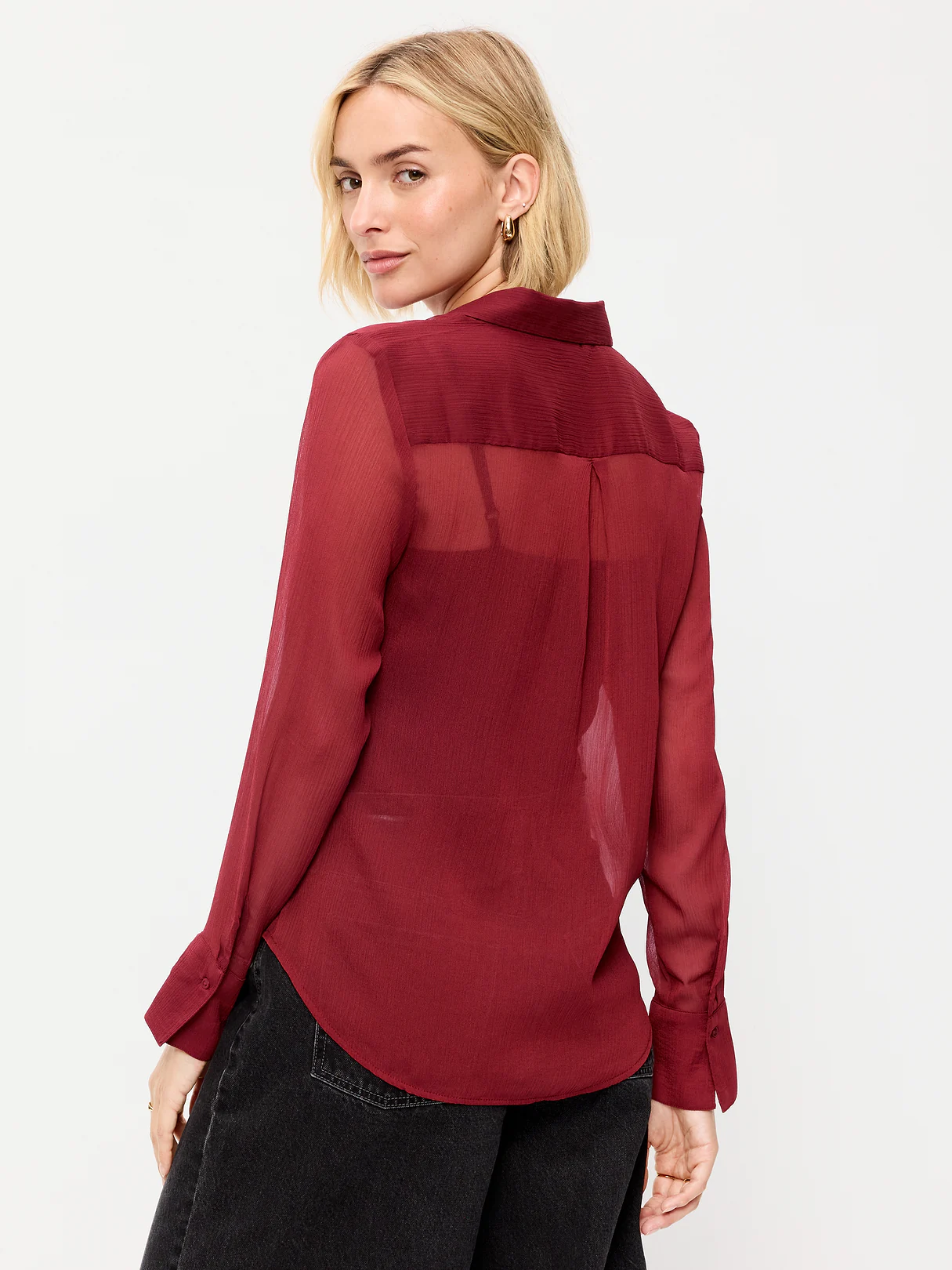 Chiffon Sheer Button-Down Shirt - Emberglow