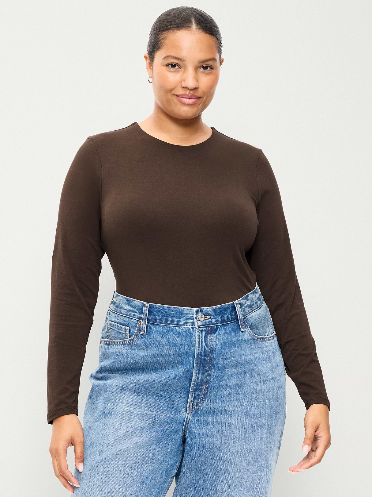 Hug Double-Layer Crew-Neck Long-Sleeve Top - Black Coffee